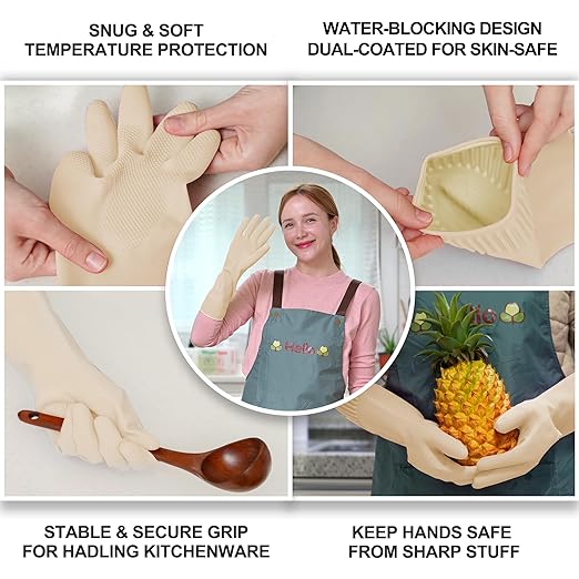 DABOGOSA Mamison 2 Pairs Reusable Waterproof Household Dishwashing Cleaning Rubber Gloves, Non-Slip Kitchen Glove (Ivory, Small (Pack of 2))
