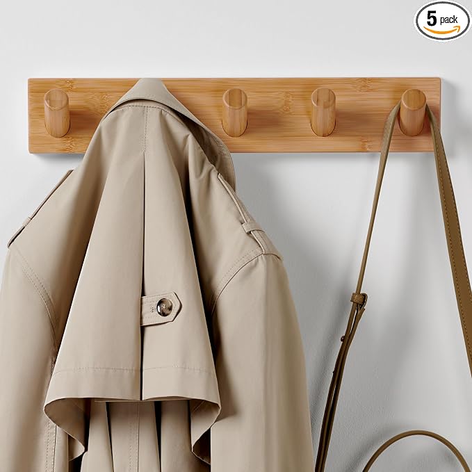 LARHN Wall Mounted Coat Rack with 5 Heavy-Duty 1" Diameter Hooks, 16.5" - Wooden Wall Hook Rack - Modern Scandinavian Home Decor