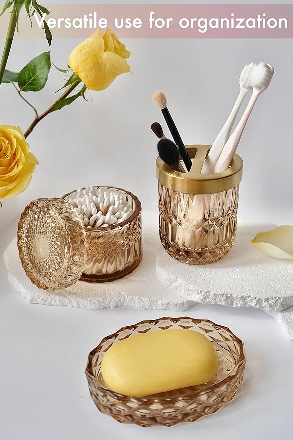 LaMarriti Brown Bathroom Accessories Set, 5Pcs Glass Bathroom Set, Soap Dispenser and Toothbrush Holder Set, Soap Dish, Qtips Holder, Tumbler for Crystal Vintage Bathroom Decor