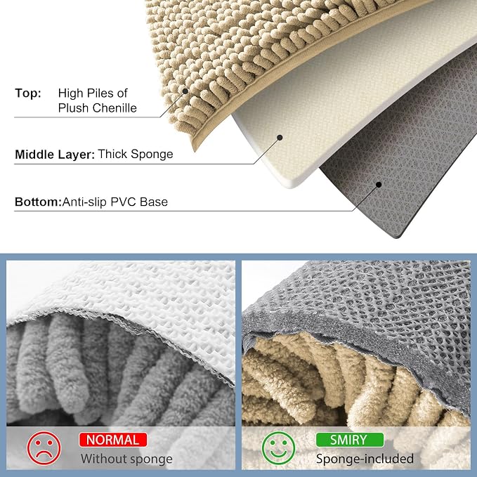 Smiry Luxury Chenille Bathroom Rugs 59x20, Extra Soft and Absorbent Shaggy Bath Mat, Machine Washable, Non-Slip Plush Carpet Runner for Tub, Shower, and Floor, Home Decor Accessories, Beige