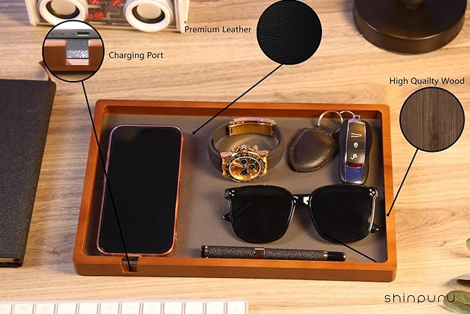 Shinpuru Wooden Valet Tray for Men, Nightstand Organizer with Leather Inlay, EDC Essentials Catchall Tray for Keys, Phone, Wallet, Watch, Earbuds - Bedside Desk Entryway Tray (Wood-Full)