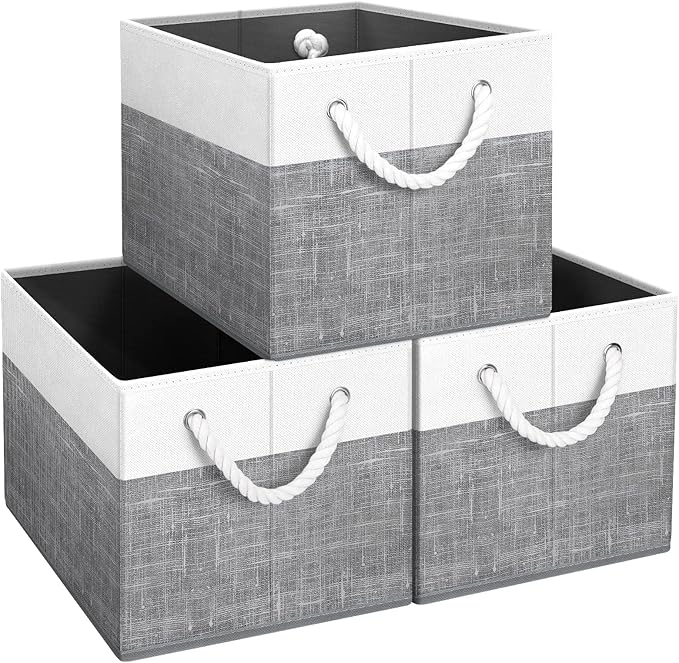 Fab totes Storage Bins 3-Pack, Foldable Storage Baskets for Organizing Toys, Books, Shelves, Closet, Large Storage Box with Rope Handles, Sturdy Organizer Bins, White & Grey