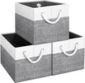 Fab totes Storage Bins 3-Pack, Foldable Storage Baskets for Organizing Toys, Books, Shelves, Closet, Large Storage Box with Rope Handles, Sturdy Organizer Bins, White & Grey