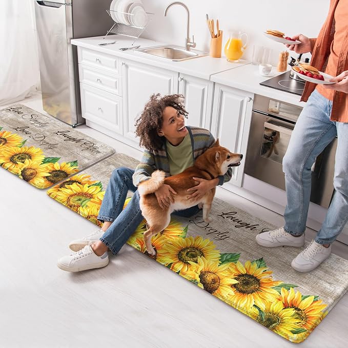 KIMODE Anti Fatigue Kitchen Mat for Floor, Farmhouse Sunflower Kitchen Rugs 2 PCS, Kitchen Floor Mats Non-Slip Cushioned, Comfort Standing Mat for Sink, Laundry, Desk Brown 17"x47"+17"x29"