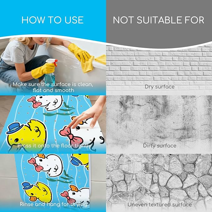 Baby Bath Mat for Tub, Non Slip Kids Bath Shower Mat, 40 X 16 Inch Large Bathtub Mat with Drain Holes and Suction Cups for Toddlers, Machine Washable and Waterproof (Duck)