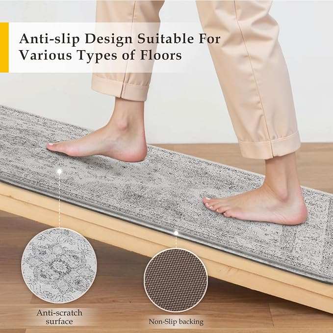 PureCozy Kitchen Mats 2PCS Anti Fatigue Cushioned Mat Gray Vintage Kitchen Mats for Floor Waterproof Non Slip Comfort Standing Oriental Medallion Grey Rug for Sink Laundry Office 17.3"x59"+17.3"x30"