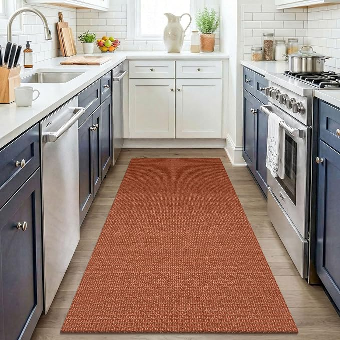 KOZYFLY Washable 3x4 Woven Entry Area Rug, Braided Throw Rugs for Entryway, Non Slip Door Mat Indoor Outdoor Entrance, Front Porch Foyer Carpet for Kitchen, mudroom, Bathroom, Burnt Orange/Tan