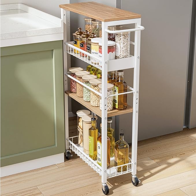 Slim Storage Rolling Cart, 4 Tier Narrow Cart with Wheels, Metal Kitchen Rolling Cart for Small Spaces, Slide Out Storage Shelves for Kitchen, Laundry Room, Bathroom, Living Room, 7.1in(W)