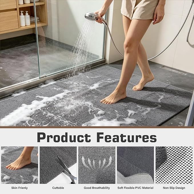 58x44 Extra Large Shower Mat, Non Slip Shower Mats for Inside Shower, Bathtub Mat Non Slip, Soft PVC Loofah Anti Slip Shower Stall Mat for Bathroom & Wet Area, Quick Drying, Grey
