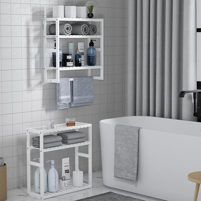 Towel Rack Bathroom Storage Shelves Over The Toilet with Towel Bar 100% Bamboo Adjustable Height Floating Shelf Wall Shower Shelf for Small Space Updated Painting