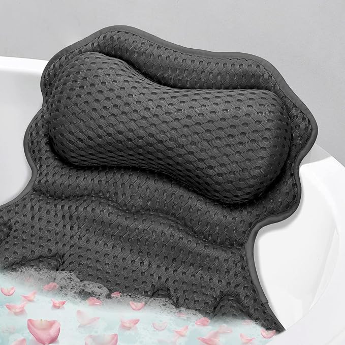 SetSail Bath Pillow, Relaxing Bath Pillows for Tub Neck and Back Support Soft 4D Breathable Air Mesh Ergonomic Bathtub Pillow with 6 Strong Suction Cups and Hook Luxury Bathroom Accessories,Black