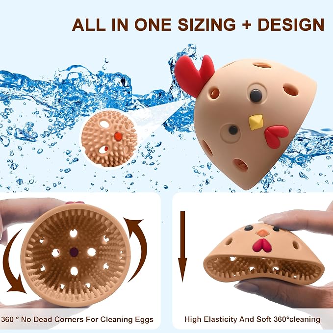 Egg Washer for Fresh Eggs, Egg Scrubber for Fresh Eggs, Reusable Silicone Chicken Shaped Scrubs, Chicken Egg Cleaner, Eggshell Cleaner for Poultry Farm, Housewife Kitchen Helper Tool (Brown Chick Cap)
