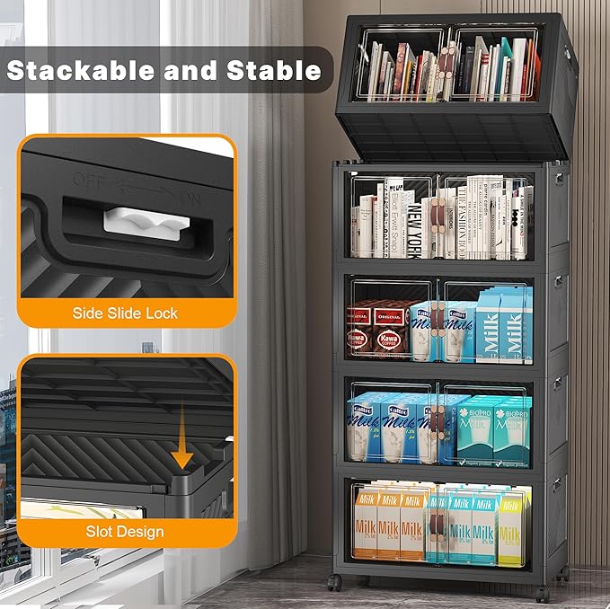 UAMFURI Stackable Storage Bins with Lids, 275QT Closet Organizers and Storage with Doors and Wheels, Extra Large Storage Cabinet, Collapsible Plastic Drawers for Bedroom Office Garage