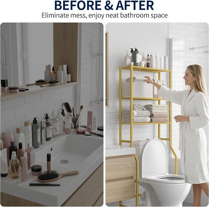 GloTika 3-Tier Over Toilet Storage Rack, Metal Over Toilet Bathroom Organizer Shelf, Freestanding Space Saver Storage Shelves for Bathroom/Laundry/Living Room (Gold)