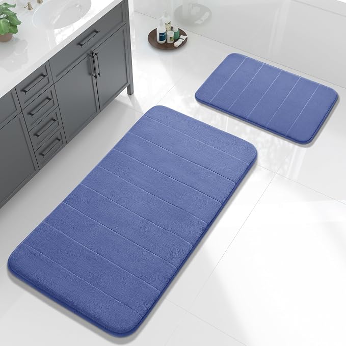 Yimobra Large Bath Mat Set 2 Piece- Super Soft Absorbent Quick Dry Memory Foam Bathroom Rugs, Machine Washable Non Slip Floor Carpet for Tub Shower & Double Vanity (17x24 & 44x24, Navy Blue)