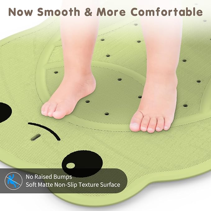 Upgraded Kids Bathtub Mat Non Slip, Low-Odor Natural Rubber Bath Mat with Strong 18mm Suction Cups, Flat Non-Slip Surface, 30"x18" Cute Frog Design, Shower Mat Fast Draining for Smooth Tubs, Green
