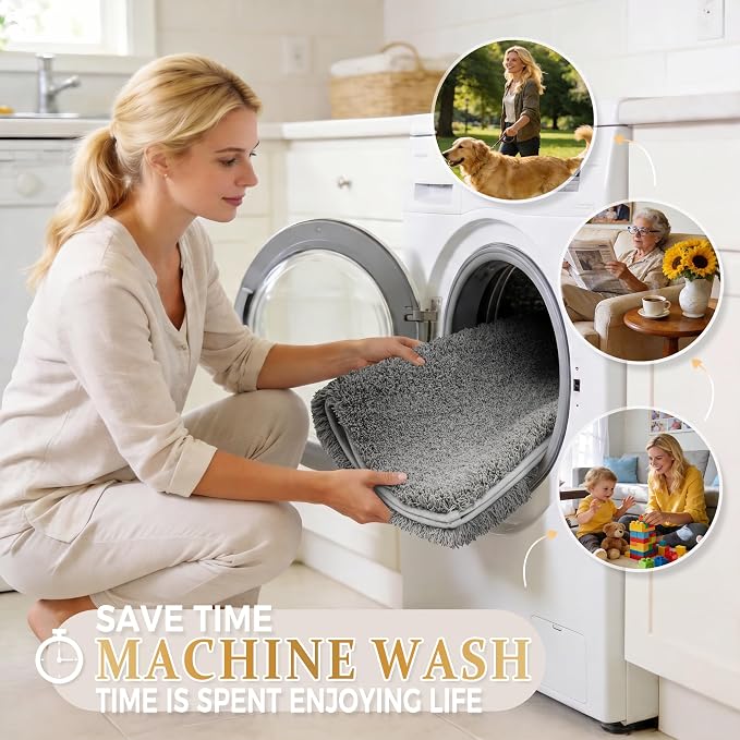 Yimobra Fluffy Plush Bath Rug, Super Shaggy Soft Comfortable Non Slip, Water Absorbent Microfiber Bath Mat, Dries Quickly, Machine Washable Thick Bathroom Rugs for Shower, 56" X 24", Pure Gray