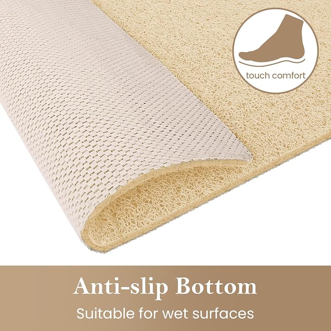 Shower Mat Bathtub Mat Non-Slip,32x24 inch, Soft Tub Mat with Drain,PVC Loofah Bath Mat (Phthalate Free) for Tub and Bathroom,Quick Drying,Khaki