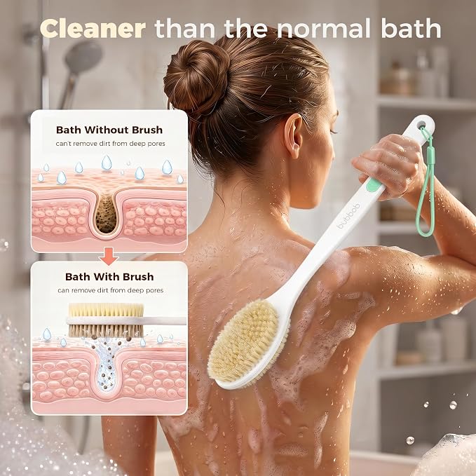 Back Scrubber for Shower with Long Handle,Green | Double Sided Bristles (Stiff & Soft), Anti-Slip Grip, Lightweight - Gift for Seniors, Includes Lanyard & Hook
