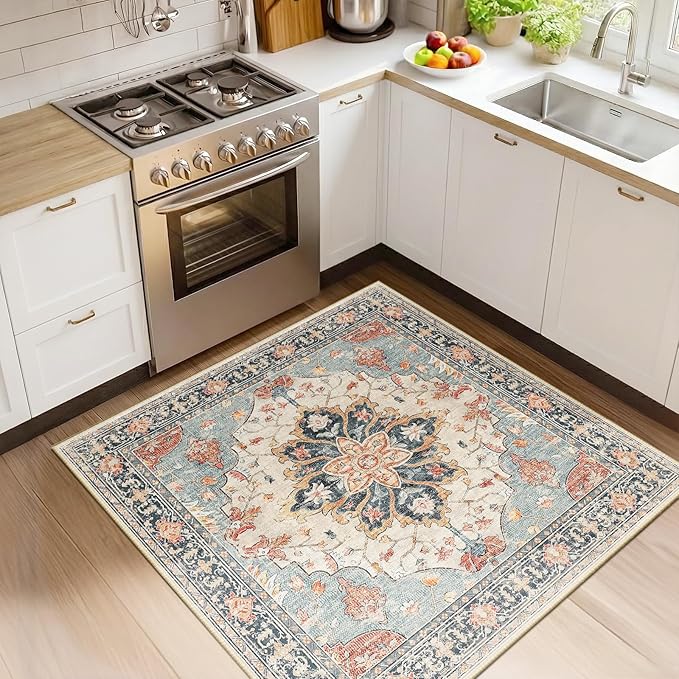 RELEANY Area Rugs Square 4ft Washable Non-Slip, Floral Vintage Distress Medallion Carpet for Living Room Bedroom Dining Room, Beige Navy Blue Orange Colorful