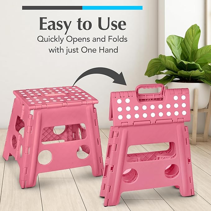 Handy Laundry Folding Lightweight Step Stool - Sturdy Enough to Support Adults - Opens Easy with One Flip - Great for Kitchen, Bathroom or Bedroom (Pink - 13 Inch)