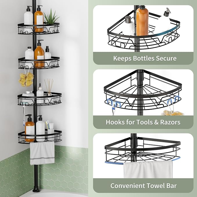 KEGII Corner Shower Caddy Tension Pole, 4-Tier Large Capacity Shower Shelves, Adjustable 52-114.2 Inch No-Drill Rustproof Corner Bathroom Organizer with Towel Bar, Hooks & Razor Holder, Black