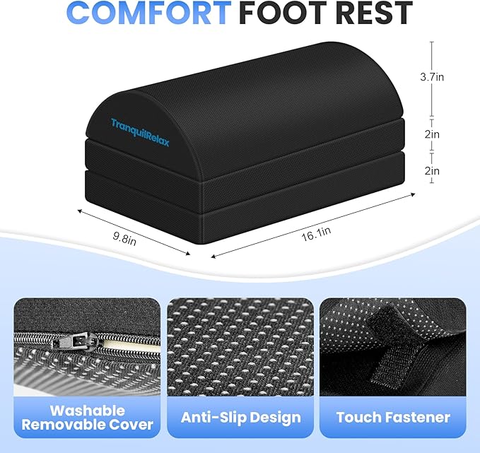 TranquilRelax Foot Rest for Under Desk at Work, Gaming Accessories Foot Stool with 3 Adjustable Heights & Washable Cover, Comfortable Office Desk Accessories, Footrest for Office, Home and Car (Black)