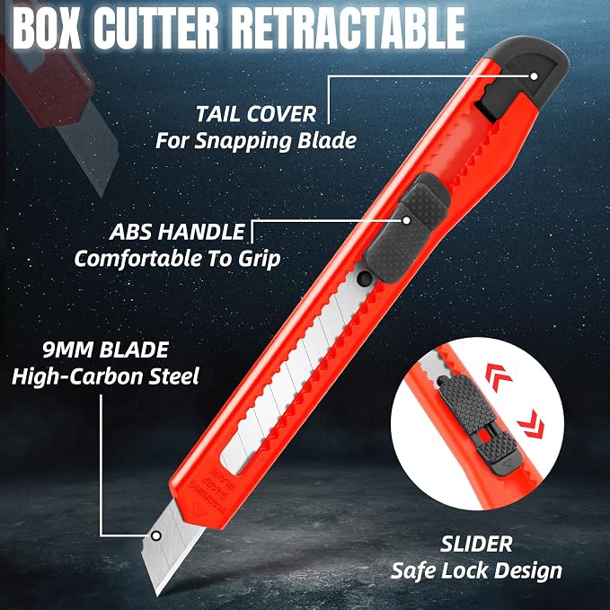42 Pack Box Cutter Retractable, 9MM Snap-Off Blade Utility Knife With Self-Lock Design for Cutting Boxes, Carton, Cardboard, Paper