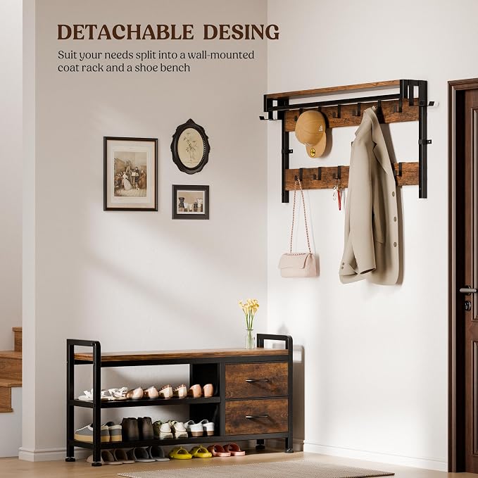 Lulive Hall Tree with Bench and Shoe Storage, 39.4” Entryway Bench with Coat Rack freestanding, 5 in 1 Entryway Furniture Organizer Large Coat and Shoe Rack with 21 Hooks and Drawers, Rustic Brown