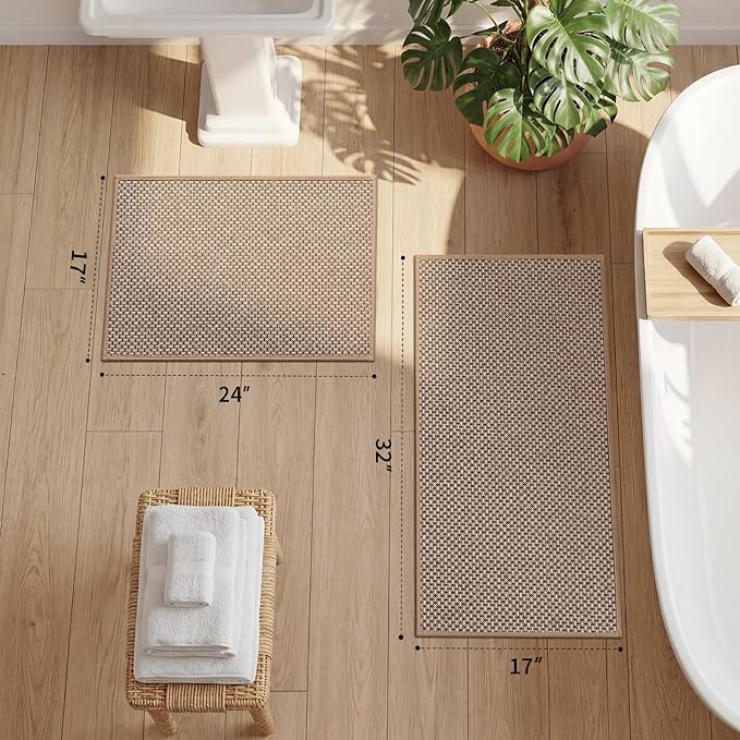 YIHOUSE Thin Bath Mat Khaki Bathroom Rugs Sets 2 Pieces, Non Slip Absorbent Mats Quick Dry, Woven Rugs Washable, Tapetes para Baño for Bathroom Toliet,Bathtub(17"x24"+17"x32")