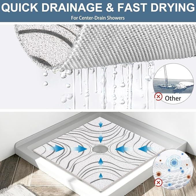 Square Shower Mat Non Slip: 24x24 Inch Extra Large Shower Mats for Inside Shower, Non Slip Shower Mat with Drain Hole in Middle- Anti Slip Shower Floor Mat, Loofah Shower Stall Mats for Elderly