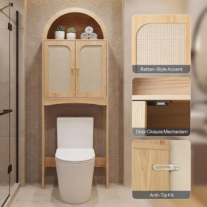 HOOBRO Arched Rattan Over the Toilet Storage Cabinet, 68.1'' Bathroom Organizer with Doors, Bathroom Storage Cabinet with Adjustable Shelf, Wooden Space Saver for Small Bathroom, Natural NL25TS01