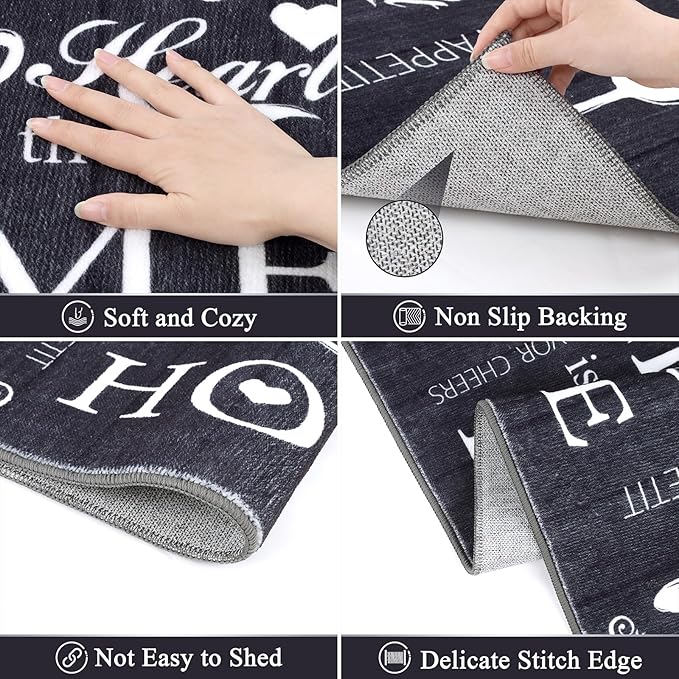 Vaukki Boho Kitchen Rug Sets 3 Pieces, Washable Kitchen Mats for Floor, Non Slip Soft Kitchen Area Rug Floor Mat for Kitchen, Laundry Room and Hallway (Black, 20''x32''+20''x47''+20''x59'')