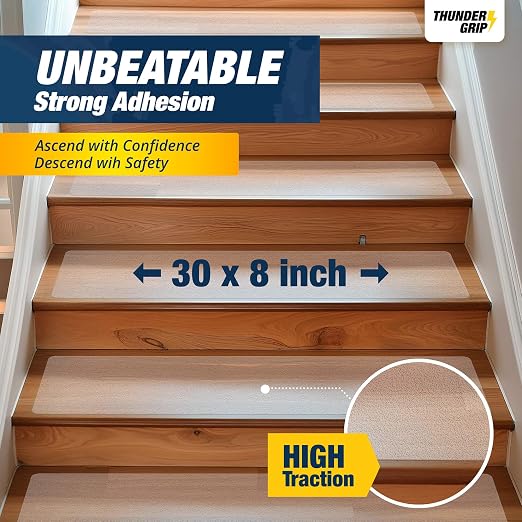 Clear Stair Treads Non-Slip 30"x8" - 15-Pack Indoor Stair Grips Non Slip for Wooden Steps - Anti Slip Adhesive Strips for Dogs & Elderly - Staircase Step Treads - Transparent Treads for Wood Stairs