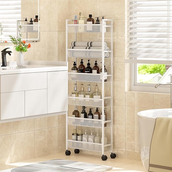 ThreeHio 6 Tier Slim Storage Cart, Narrow Cart with Wheels, Metal Mobile Shelving Unit Organizer for Bathroom, Kitchen, Laundry Room, Living Room & Narrow Spaces, White, 6in(W)