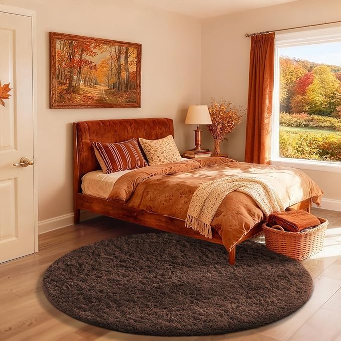Ophanie Round Rug 4Ft Brown Circle Area Rug, Fluffy Fuzzy Small Bedroom Carpet, Plush Soft Shaggy Floor Living Room Circular Christmas Decor for Kids Boys Girls Home Aesthetic, Nursery, Classroom