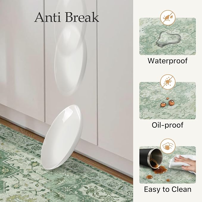 GENIMO Kitchen Mats for Floor 2PCs, Washable Anti Fatigue Mat for Cushioned, 17.3"x59"+17.3"x30", Waterproof Kitchen Rugs, Non Slip Comfort Standing Mat Rug for Home, Sink, Laundry, Light Green