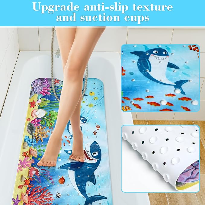 Secopad Bath Mat for Tub Non Slip, Machine Washable Anti-Slip Cartoon Baby Bathtub Shower Mat with Drain Holes and Suction Cups for Toddler & Kids, 40in x 16in, Sharks