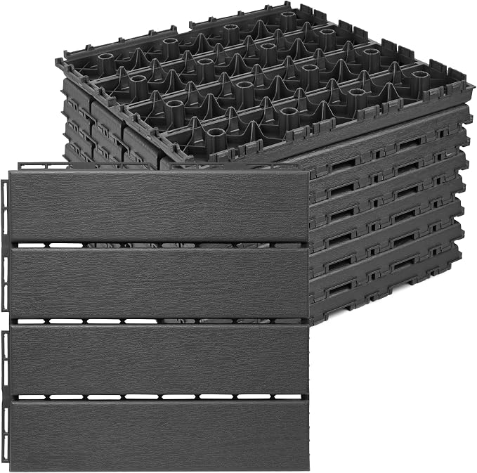 ToLanbbt Plastic Interlocking Deck Tiles 9 Pack 12"x12" Waterproof Indoor Outdoor Composite Patio Flooring Decking Tiles All Weather Use for Patio Porch Balcony Backyard Poolside, Dark Grey