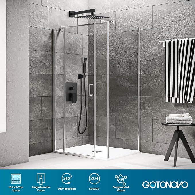 gotonovo Rainfall Bathroom Shower System Rain Shower Head and Handle Set Wall Mounted Shower Complete Combo Solid Brass Pressure Balancing Shower Mixer Valve 10 Inch Matte Black