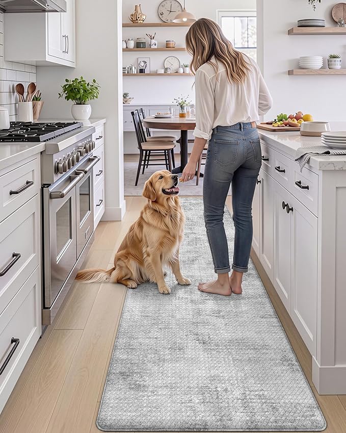 DEXI Kitchen Mats Cushioned Anti Fatigue, 23x86 Floor Padded Runner Rug Non Slip, Waterproof Standing Comfort Memory Foam for Front Sink Laundry, Light Grey