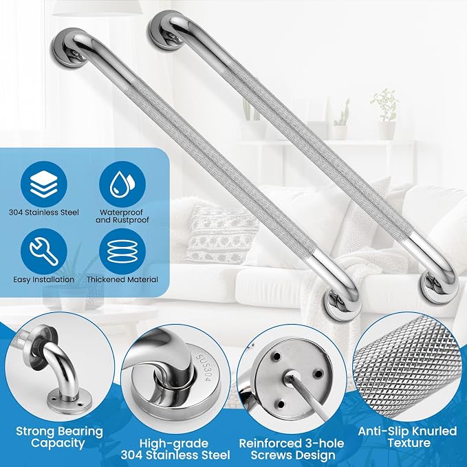 Grab Bars for Shower, Zynuhmo 2 Pack 24 Inch Anti Slip Bathroom Safety Grab Bar 1.25" Diameter Stainless Steel Shower Handrail for Handicap Injury Pregnant Senior Assist Shower Handle(Polished Nickel)
