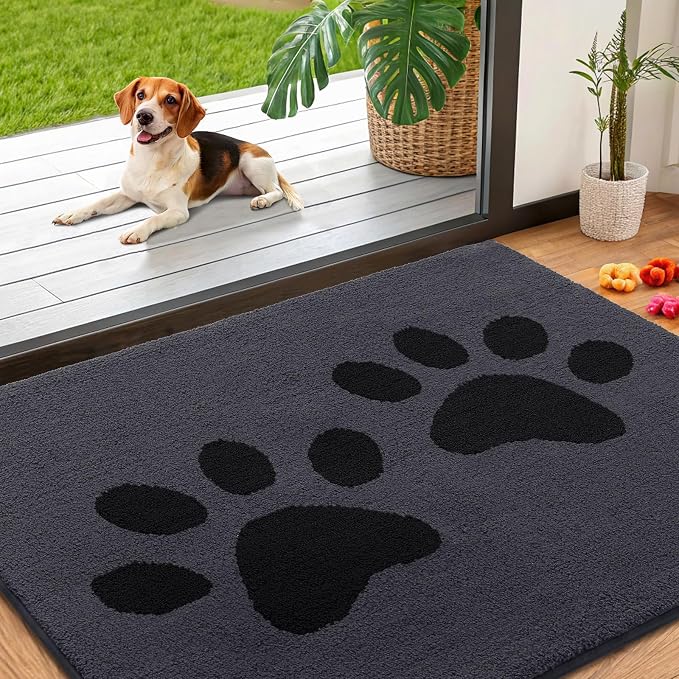 Smiry Dog Door Mat for Muddy Paws, Absorbs Moisture and Dirt, Low-Profile Entryway Mat with Non-Slip Backing, Entry Indoor Outdoor Doormat for Inside Floor (40x32 Inches, Black, Paw