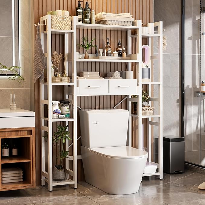 Besiost Over The Toilet Storage, 11 Tier Bathroom Organizer with Dual Side Racks and 2 Fabric Drawers, Adjustable Freestanding Rack Space Saver for Small Spaces, White