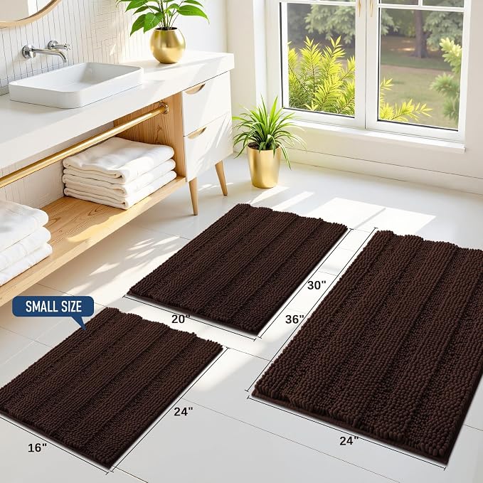 Grandaily Chenille Striped Bathroom Rugs 59x20, Extra Thick and Soft Absorbent Bath Mats, Rubber Backing, Plush Shaggy Shower Carpet, Machine Wash Dry, Bath Rug for Bathroom, Dark Brown