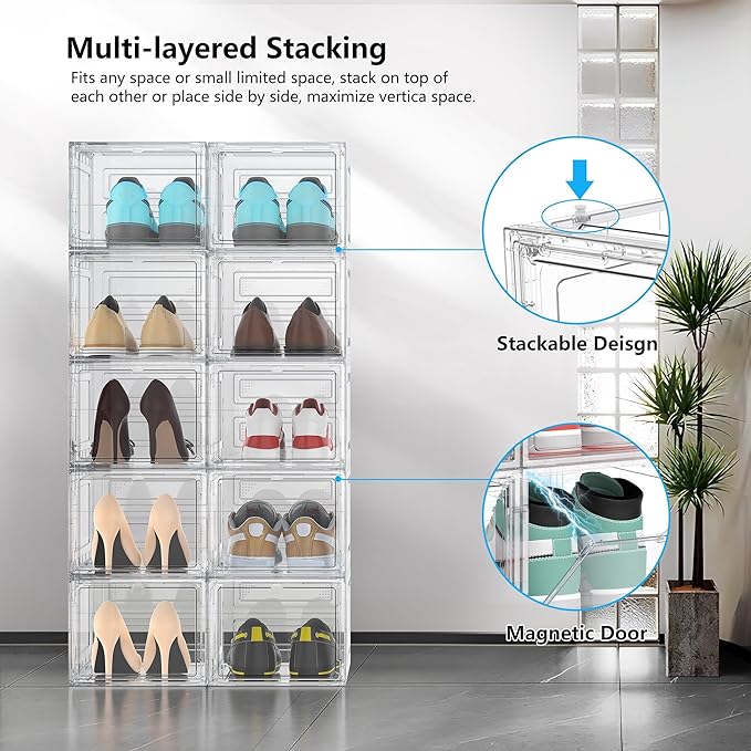 XX-Large Clear Shoe Storage Boxes with Magnetic Door, Thickened Stackable Shoe Organizer 12 Pack, Sneaker Display Case for Closet Organization & Entryway Storage, Dust-Proof Space Saving System, White