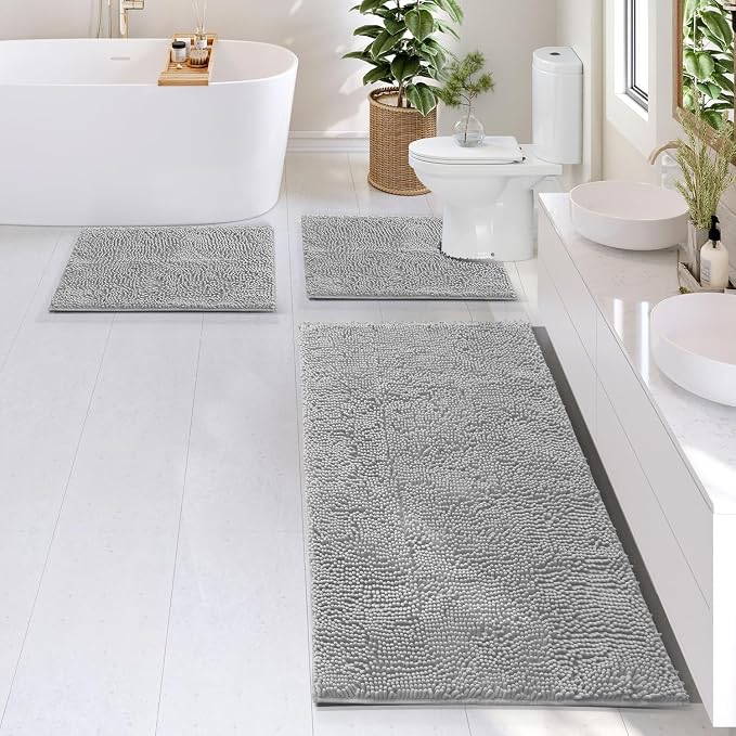 Hearth & Harbor Bathroom Rugs, Chenille Bath Mat - Machine Washable Bath Mats for Bathroom Non-Slip Backing Rubber, Quick Dry Mat - Silver Bath Rug, 17x24-26x44-20x24