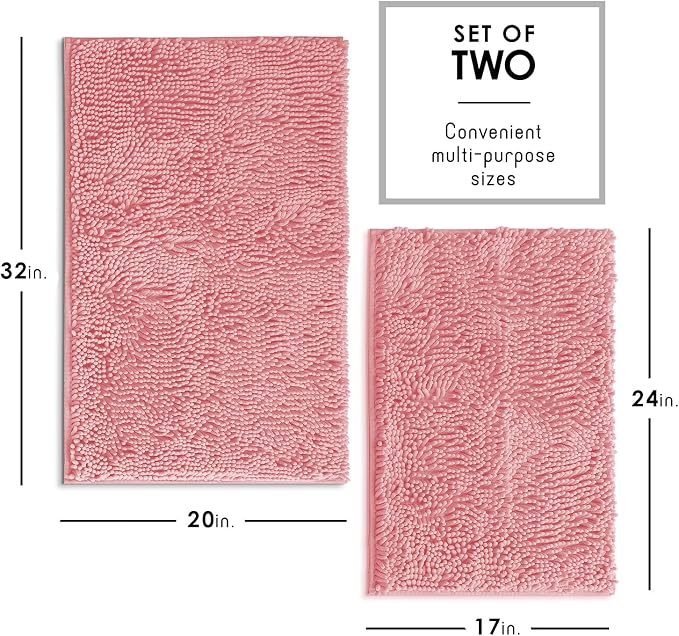 Hearth & Harbor Bathroom Rugs, Chenille Bath Mat - Machine Washable Bath Mats for Bathroom Non-Slip Backing Rubber, Quick Dry Bathroom Mat, 17 x 24 + 20 x 32 - Pink