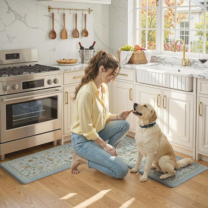 LEEVAN Anti Fatigue Mats for Kitchen Floor Non-Slip, Cushioned Kitchen Mats for Floor 2 Piece, Blue Memory Foam Kitchen Mat Set, Waterproof Ergonomic Standing Mat for Bar, Office,Desk, Laundry