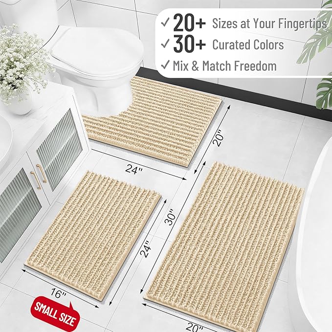 OLANLY Bathroom Rug Mat 24x16, Thick Soft and Absorbent Chenille Bath Mat, Non-Slip Rubber Backing, Machine Washable Quick Dry Bath Rugs for Tub Shower Floor, Home Decor Accessories, Beige